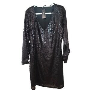 City Chic Black Sequin Party Time Dress V-Neck Long Sleeve Mini  S/16